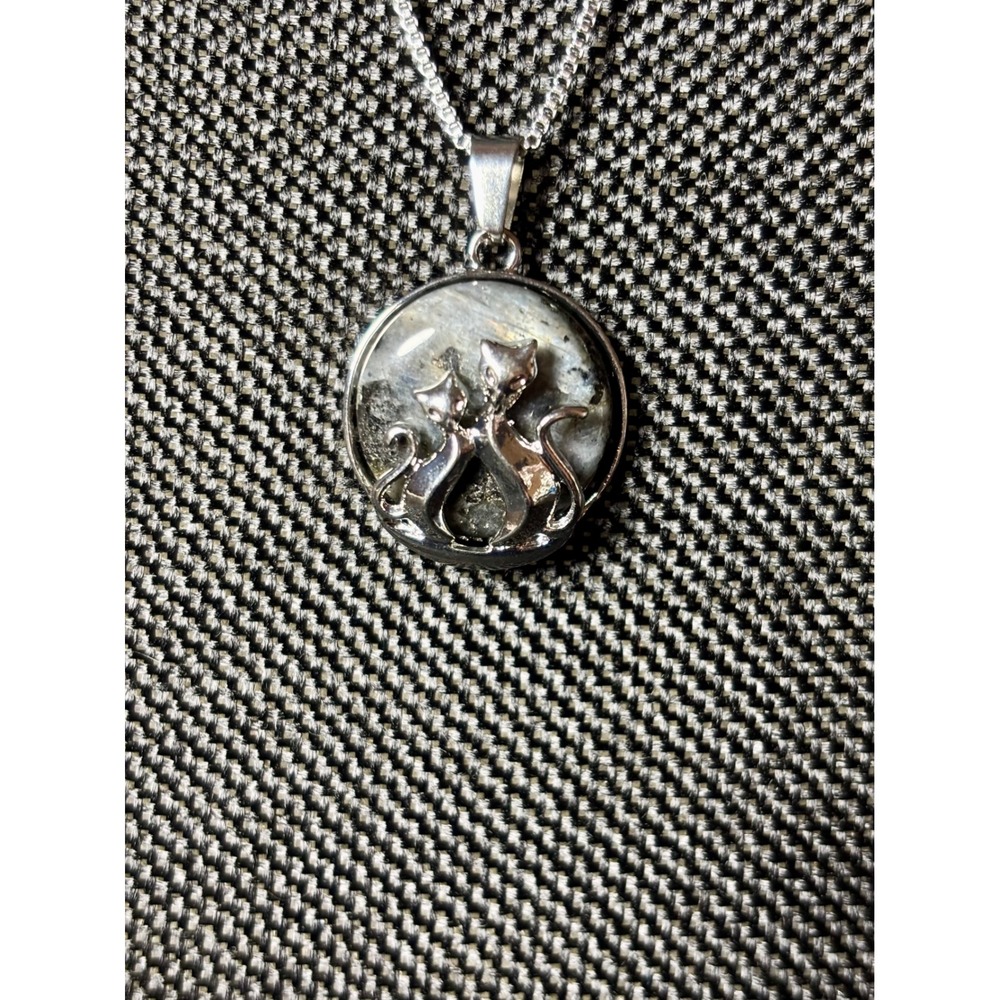 Silver Tone Stainless Steel Double Cat Stone Pendant Necklace 22 Inch